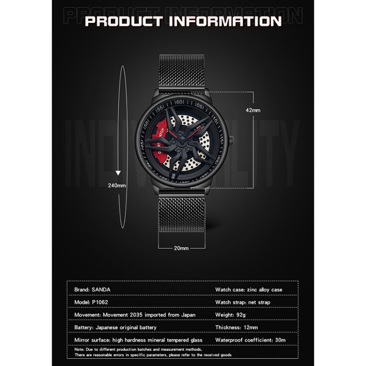 SANDA 1062 360 Degree Hollow Spinning Dial Mesh Strap Quartz Watch for Men, 1062 Mesh Strap