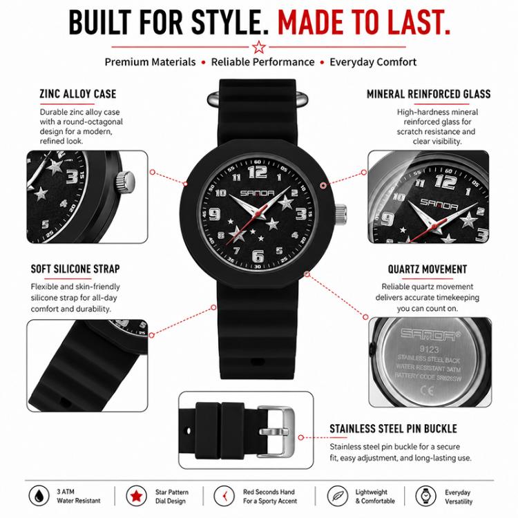 SANDA 9123 3ATM Water-Resistant Luminous Stylish Student Watch