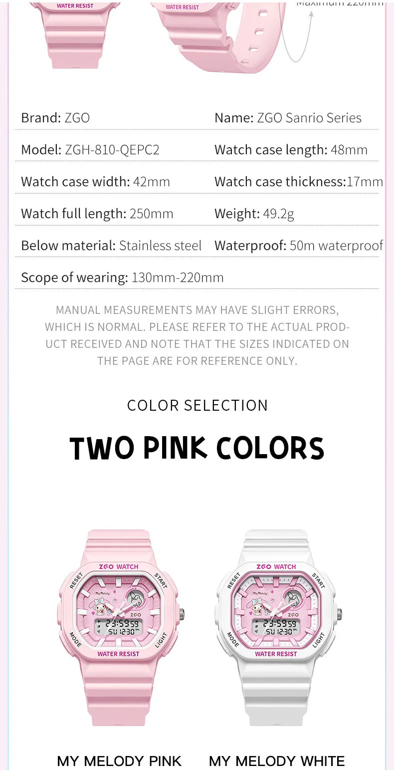 ZGO X Sanrio My Melody New Electronic Watch Dual Display Waterproof