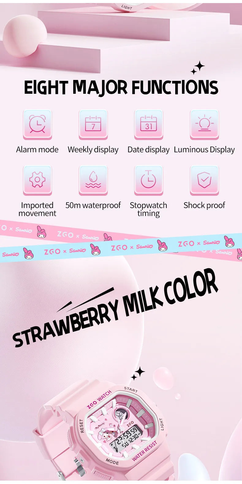 ZGO X Sanrio My Melody New Electronic Watch Dual Display Waterproof
