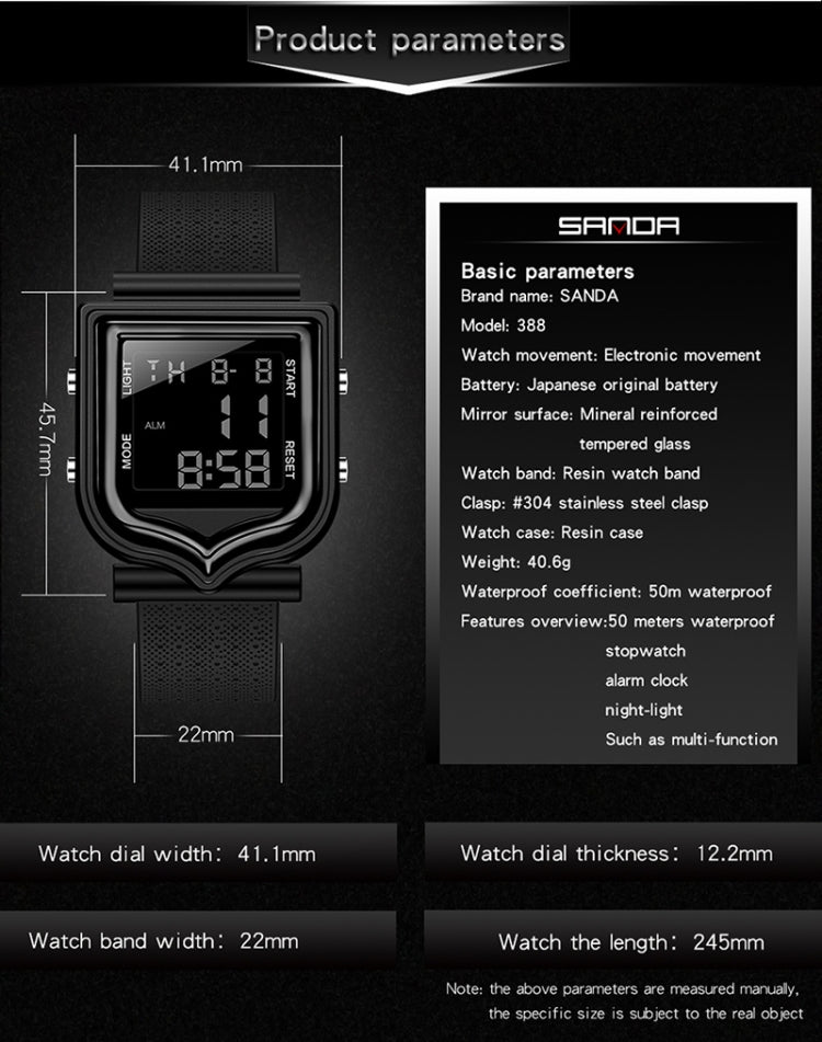 SANDA 388 Fashionable Square Outdoor Sports Leisure Watch Men's And Women's Multi-Functional Waterproof Luminous Electronic Watch
