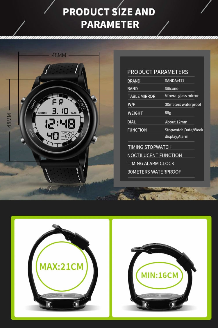 SANDA  411 Multifunctional Wports Watch Male Youth Fashion Model Male Waterproof Student Electronic Watch
