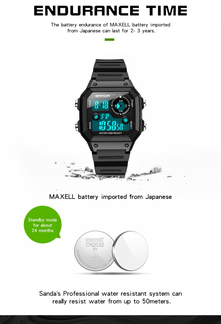 SANDA418 Square Wristwatch Swimming Waterproof Alarm Night light Male Student Watch Simple Fashion Sports Watch