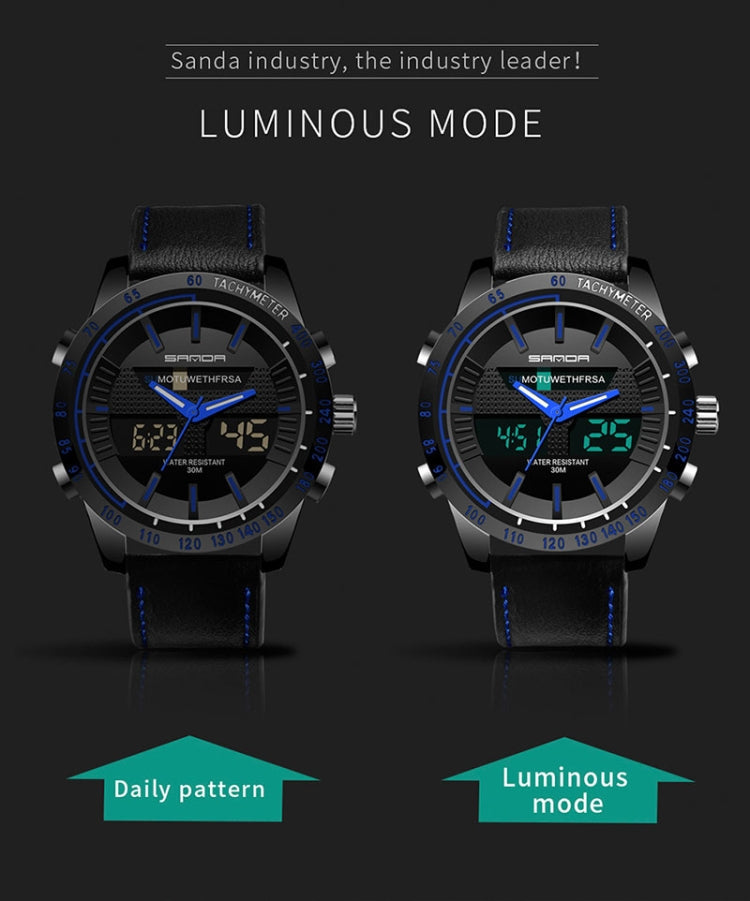 SANDA 774 Men Belt Watch Dual Display Multi Function Sports Electronic Watch Fashion Trend Leisure Waterproof Luminous Watch