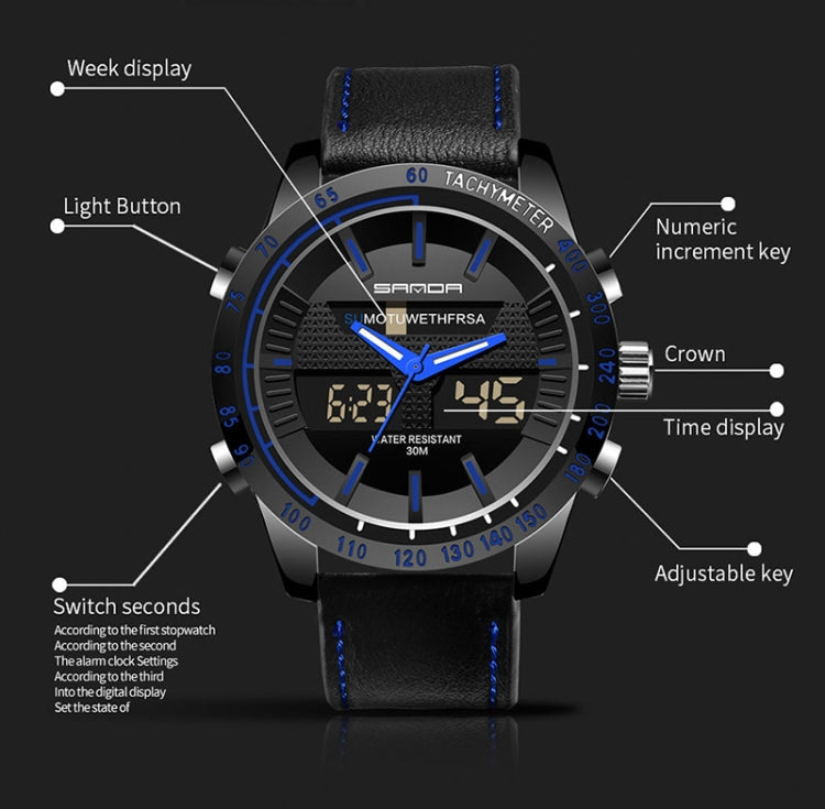 SANDA 774 Men Belt Watch Dual Display Multi Function Sports Electronic Watch Fashion Trend Leisure Waterproof Luminous Watch
