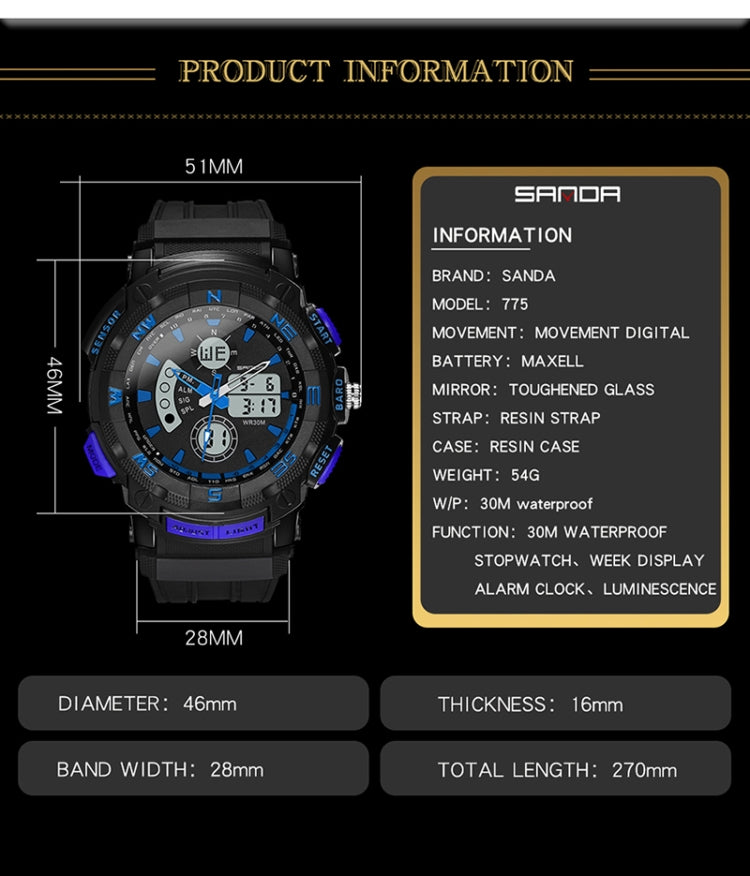 SANDA 775 Watch Male Electronic Watch Adult Middle School Students Youth Multi Functional Sports Water Proof Trend Double Watch