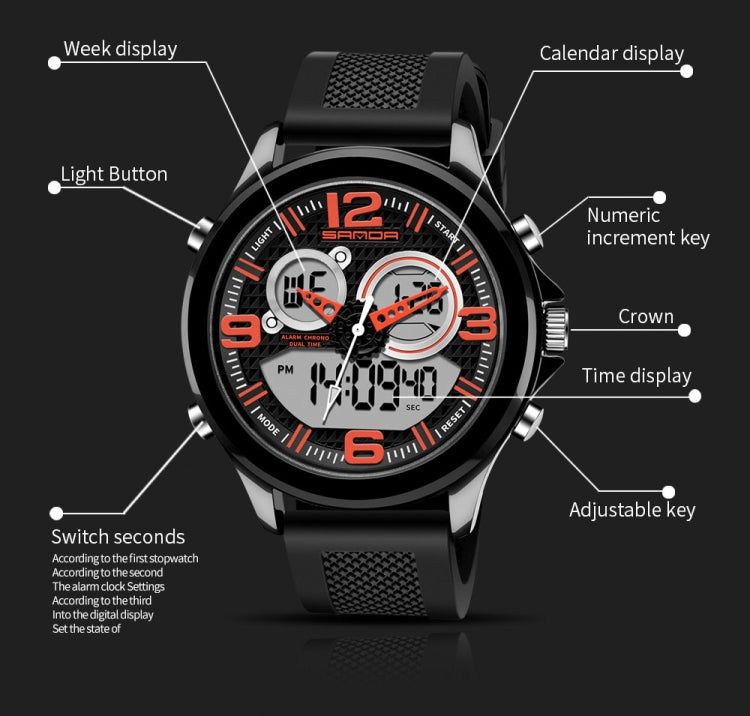 SANDA 793 large Dial Tide Watch Student Fashion Trend Multi Function Double Glow Waterproof Electronic Watch