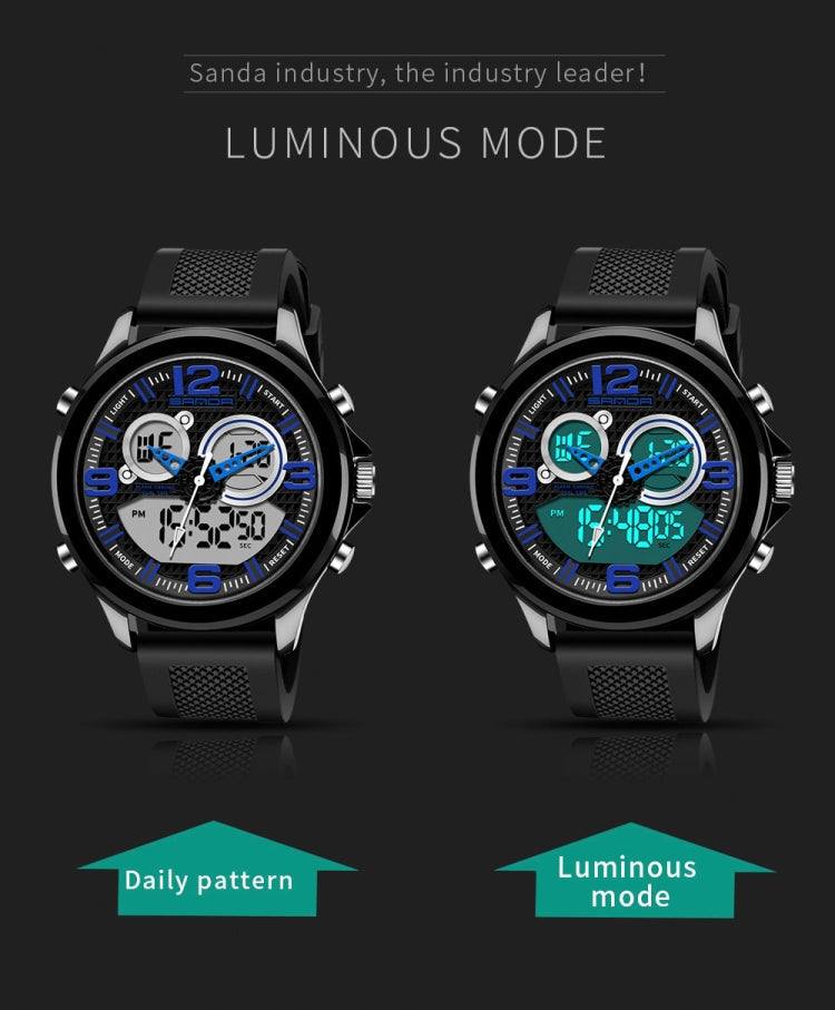 SANDA 793 large Dial Tide Watch Student Fashion Trend Multi Function Double Glow Waterproof Electronic Watch
