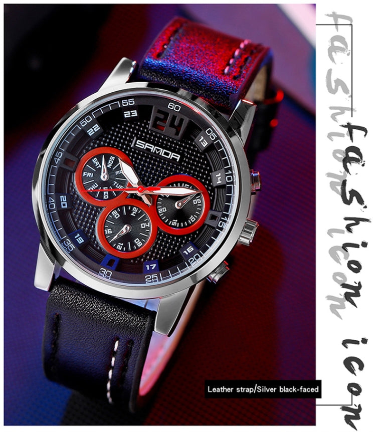 SANDA 5009 Business Fashion Three Eye Six Needle Casual Leather Waterproof Men Quartz Watch