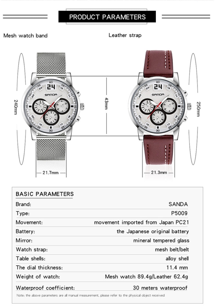 SANDA 5009 Business Fashion Three Eye Six Needle Casual Leather Waterproof Men Quartz Watch