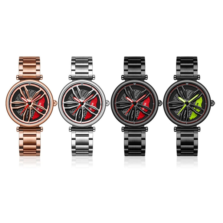 SANDA P1074 Cool Couple Steel Band Quartz Watch Wheel Series Dial Ladies Watch, For Ladies Black Red, For Ladies Black Green, For Ladies Rose Gold, For Ladies Silver Red