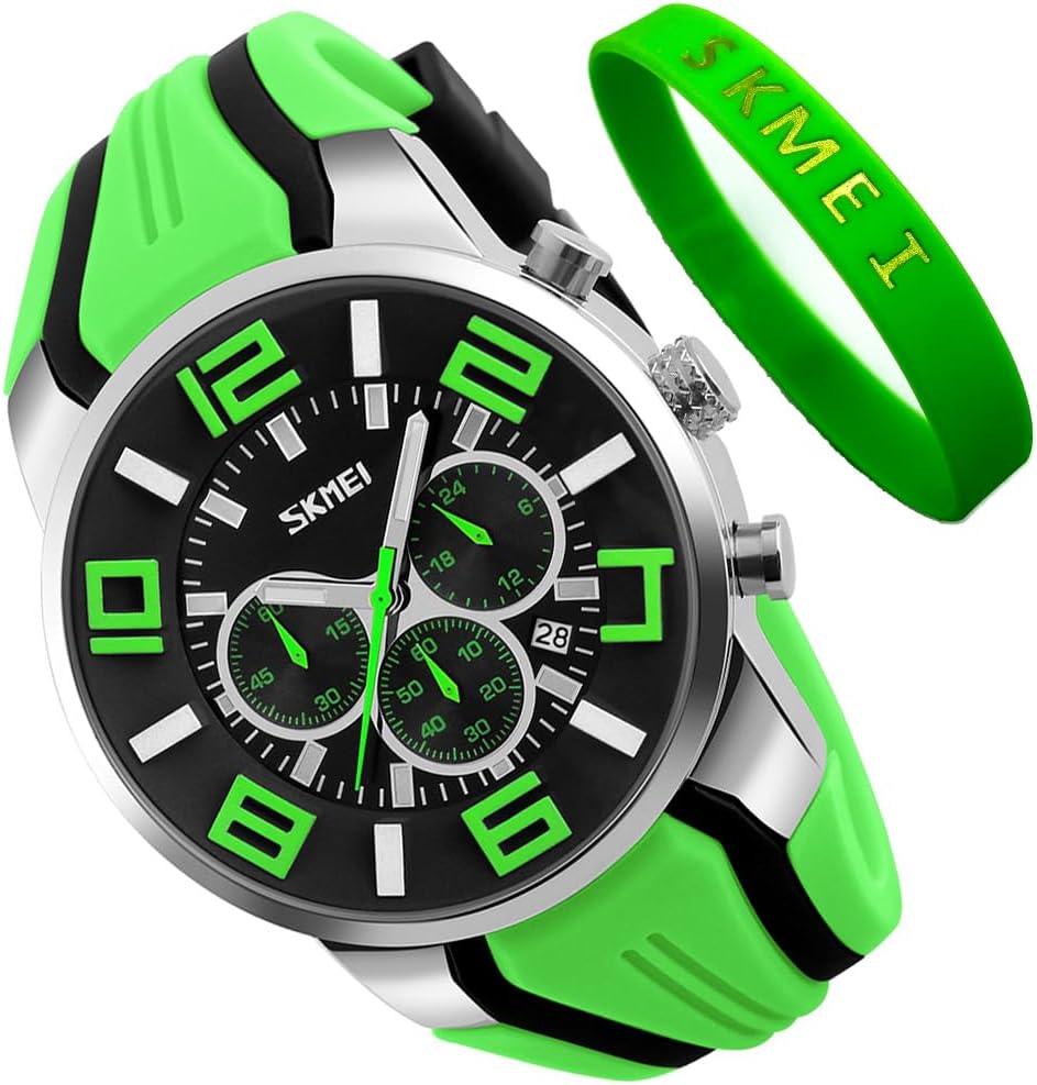 SKMEI Men Watches Silicone Band Young Waterproof Sports Fashion Casual Large Big Face Chronograph Luxury Luminous Analog Quartz Black Wrist Watch Gifts
