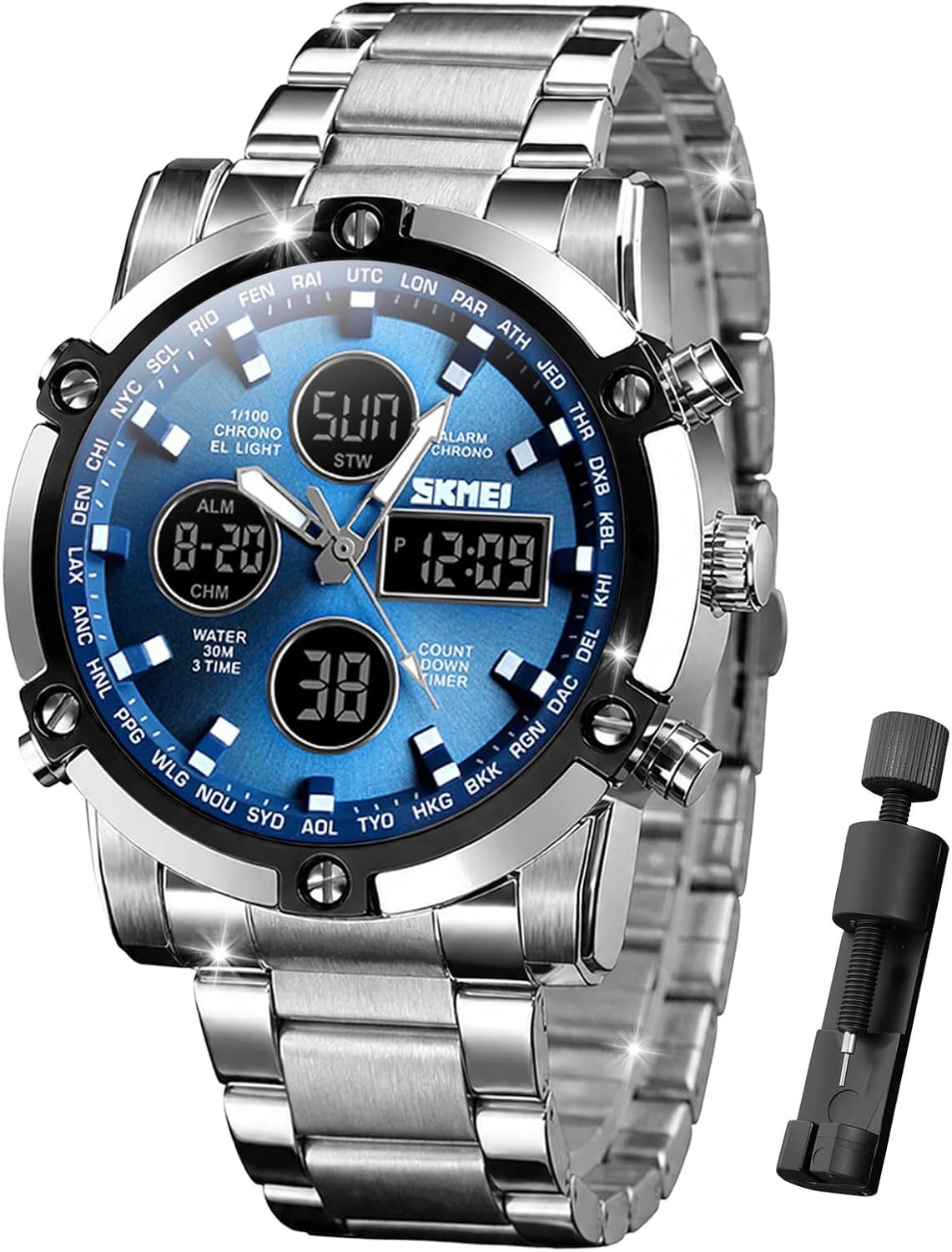 SKMEI Mens Wrist Watch, Waterproof Military Analog Digital Watches with LED Multi Time Chronograph, Stainless Steel Business Watches for Men