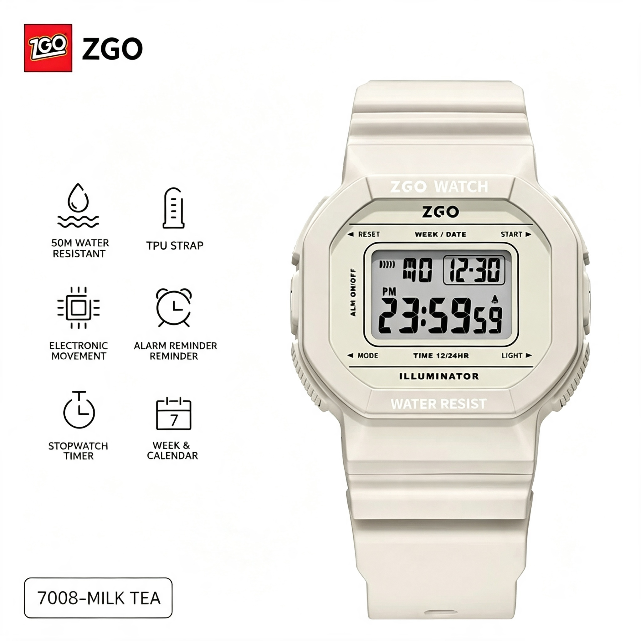 ZGO Retro Square Digital Watch for Women Girls, 50M Waterproof Milk‑Tea Beige Wrist Watch with Pink Ribbon Gift Box, Alarm Stopwatch Student Watch