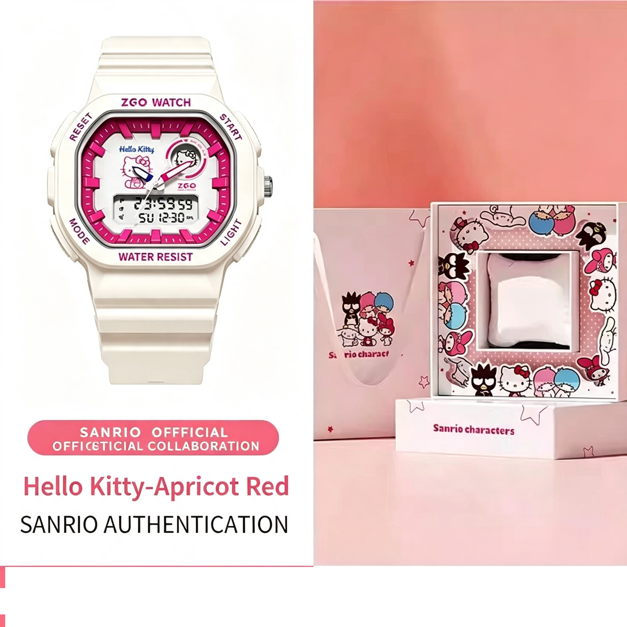 ZGO x Sanrio Hello Kitty Officially Licensed Dual‑Display Watch, 50M Waterproof Luminous Hands Student Wrist Watch for Girls