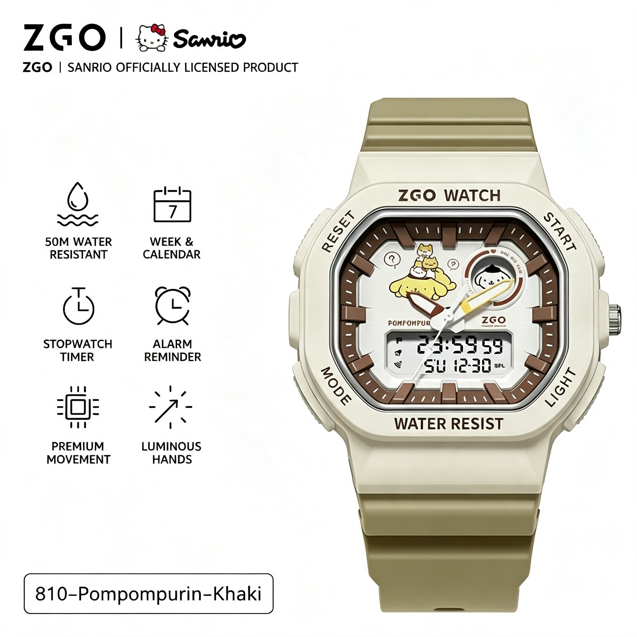 ZGO x Sanrio Pompompurin Officially Licensed Dual‑Display Watch, 50M Waterproof Luminous Hands Student Wrist Watch for Girls