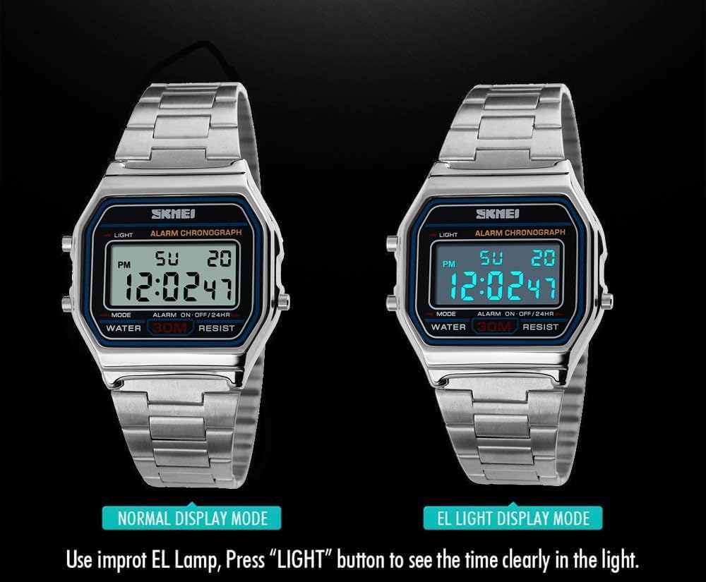 SNE Men's Digital Watch Stainless Steel Band Water Resistant Electronic Square LED Back Light Wristwatch