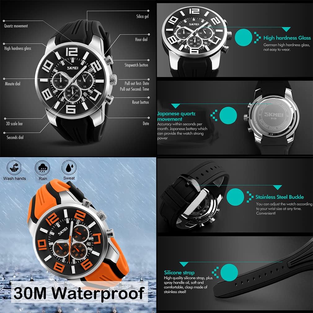 SKMEI Men Watches Silicone Band Young Waterproof Sports Fashion Casual Large Big Face Chronograph Luxury Luminous Analog Quartz Black Wrist Watch Gifts