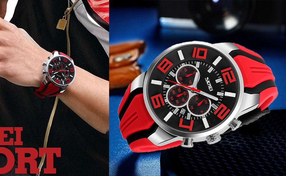 SKMEI Men Watches Silicone Band Young Waterproof Sports Fashion Casual Large Big Face Chronograph Luxury Luminous Analog Quartz Black Wrist Watch Gifts