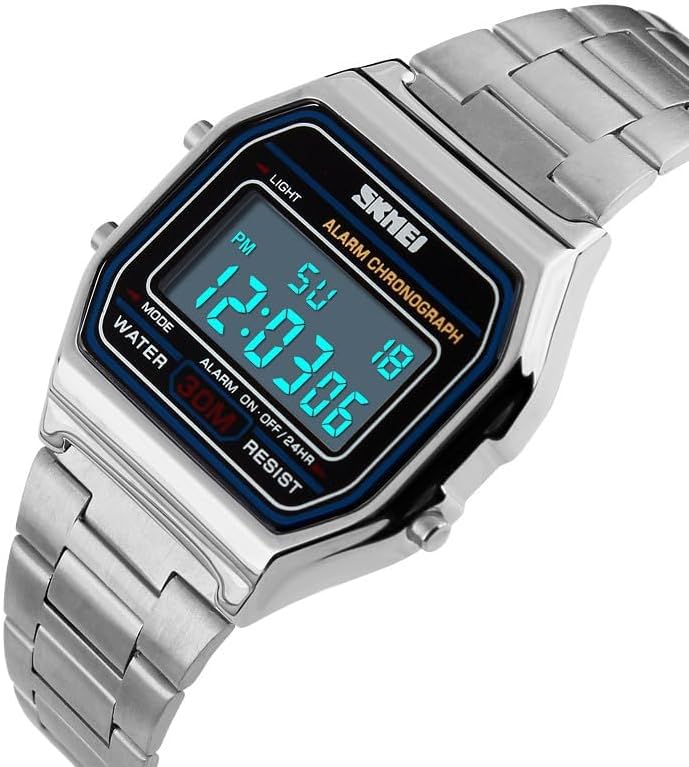 SNE Men's Digital Watch Stainless Steel Band Water Resistant Electronic Square LED Back Light Wristwatch