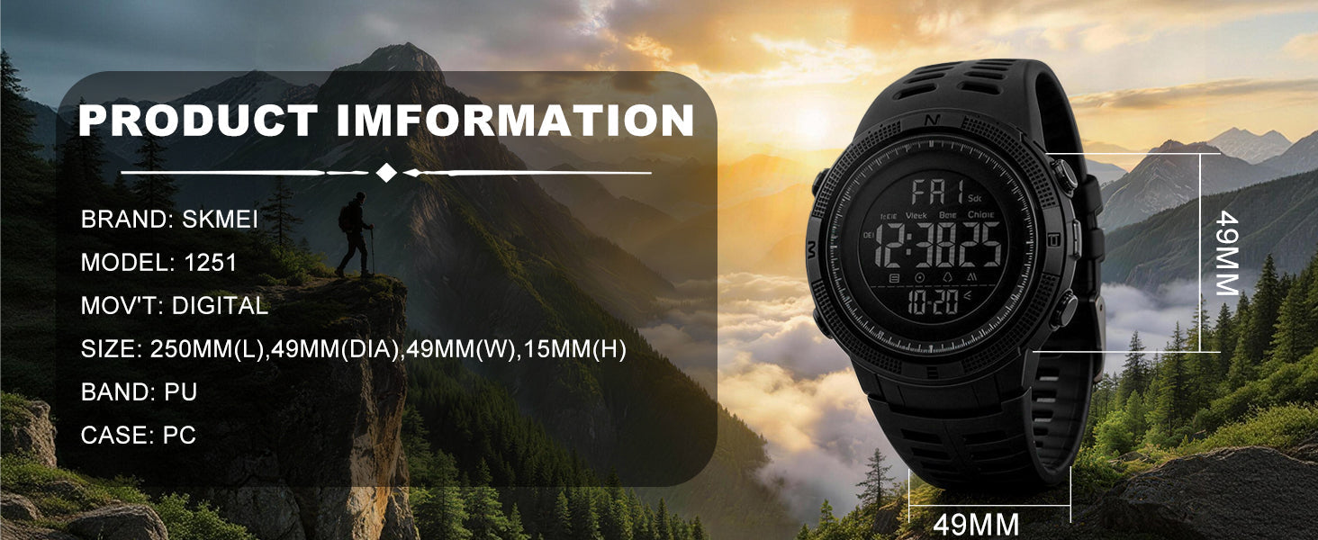 SKMEI Watch for Men,Military Sports Round Digital Watch with Waterproof Led Light Stopwatch Countdown Date Alarms Chronograph