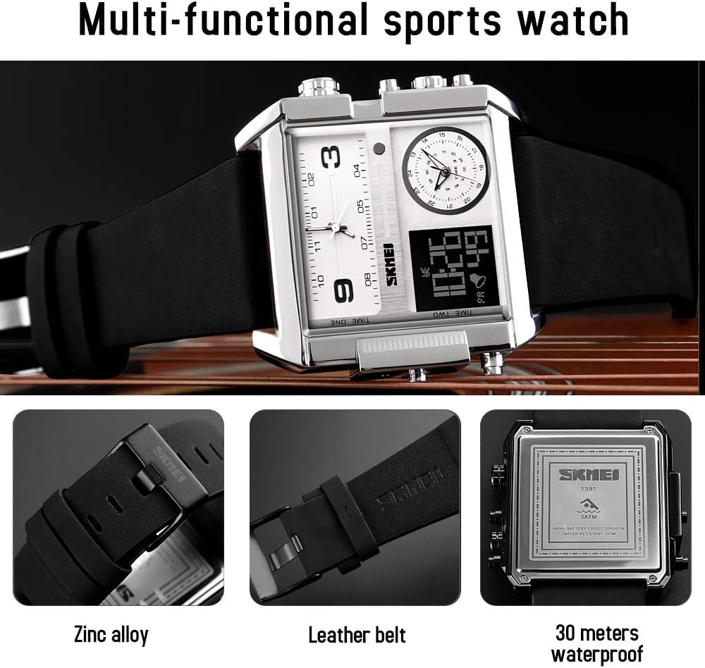 SKMEI Men's Digital Sports Watch, LED Square Large Face Analog Quartz Wrist Watch with Multi-Time Zone Waterproof Stopwatch