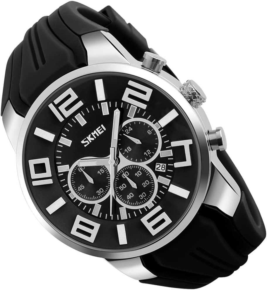 SKMEI Men Watches Silicone Band Young Waterproof Sports Fashion Casual Large Big Face Chronograph Luxury Luminous Analog Quartz Black Wrist Watch Gifts