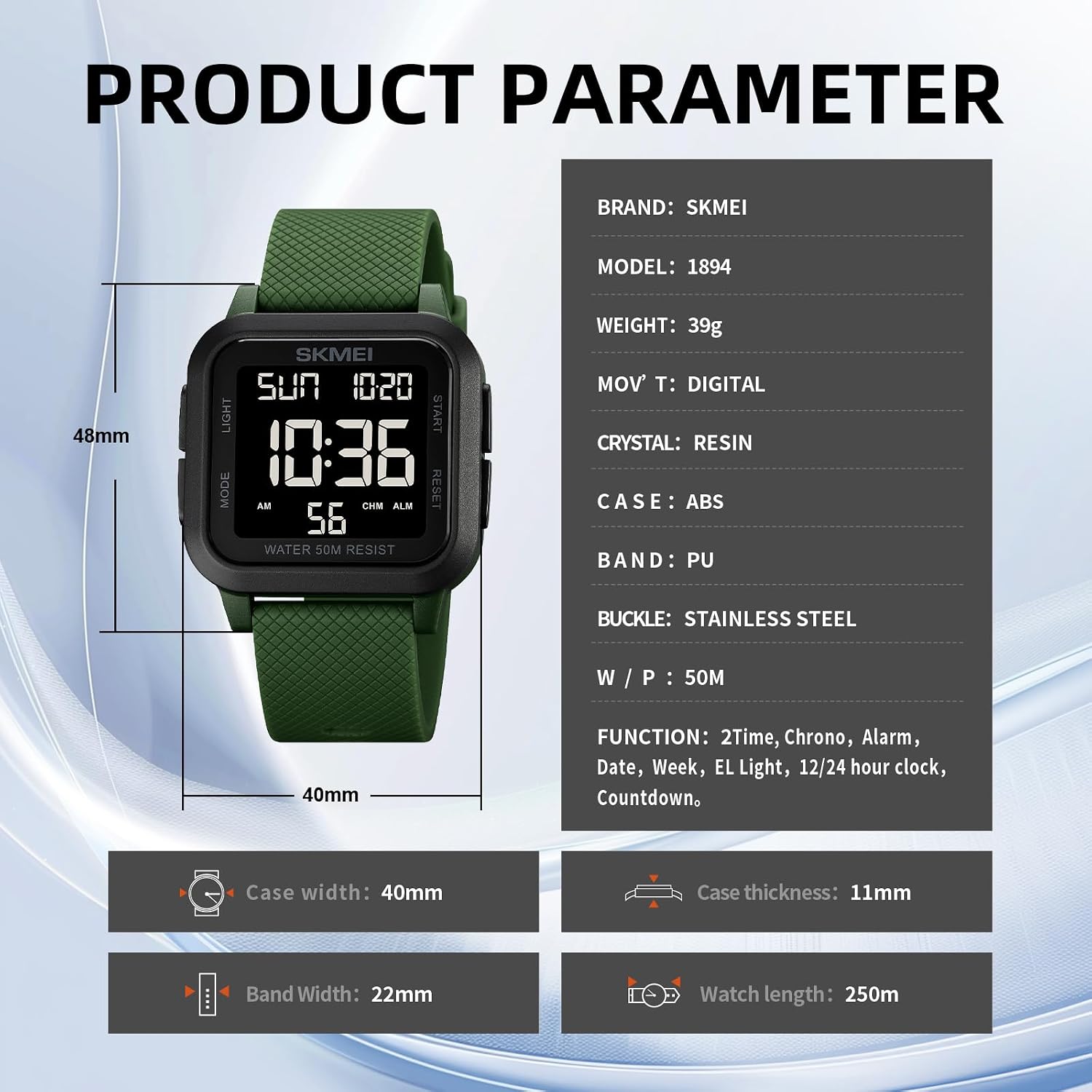 SKMEI Watches for Men,Military Square Ultra-Thin Digital Women Watch with Dual Time 50M Waterproof LED Light Alarm Stopwatch Unisex Sports Watch