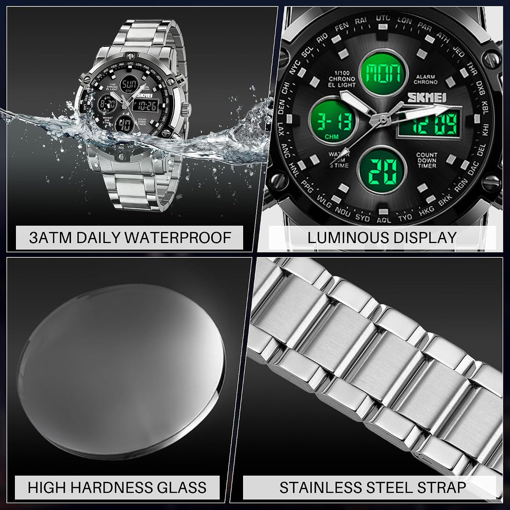 SKMEI Mens Wrist Watch, Waterproof Military Analog Digital Watches with LED Multi Time Chronograph, Stainless Steel Business Watches for Men