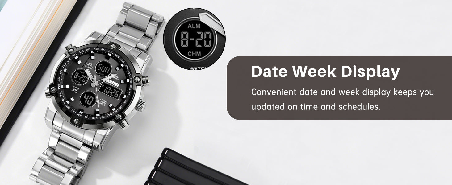 SKMEI Mens Wrist Watch, Waterproof Military Analog Digital Watches with LED Multi Time Chronograph, Stainless Steel Business Watches for Men