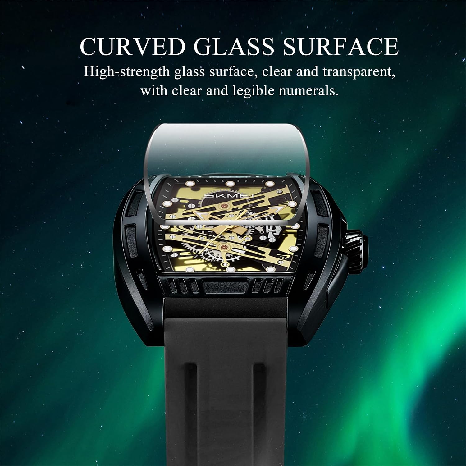 SKMEI Watches for Men,Luxury Square Mechanical Skeleton Mens Watches with 3ATM Waterproof Luminous Silicone Strap Janpanese Movement Wrist Watch