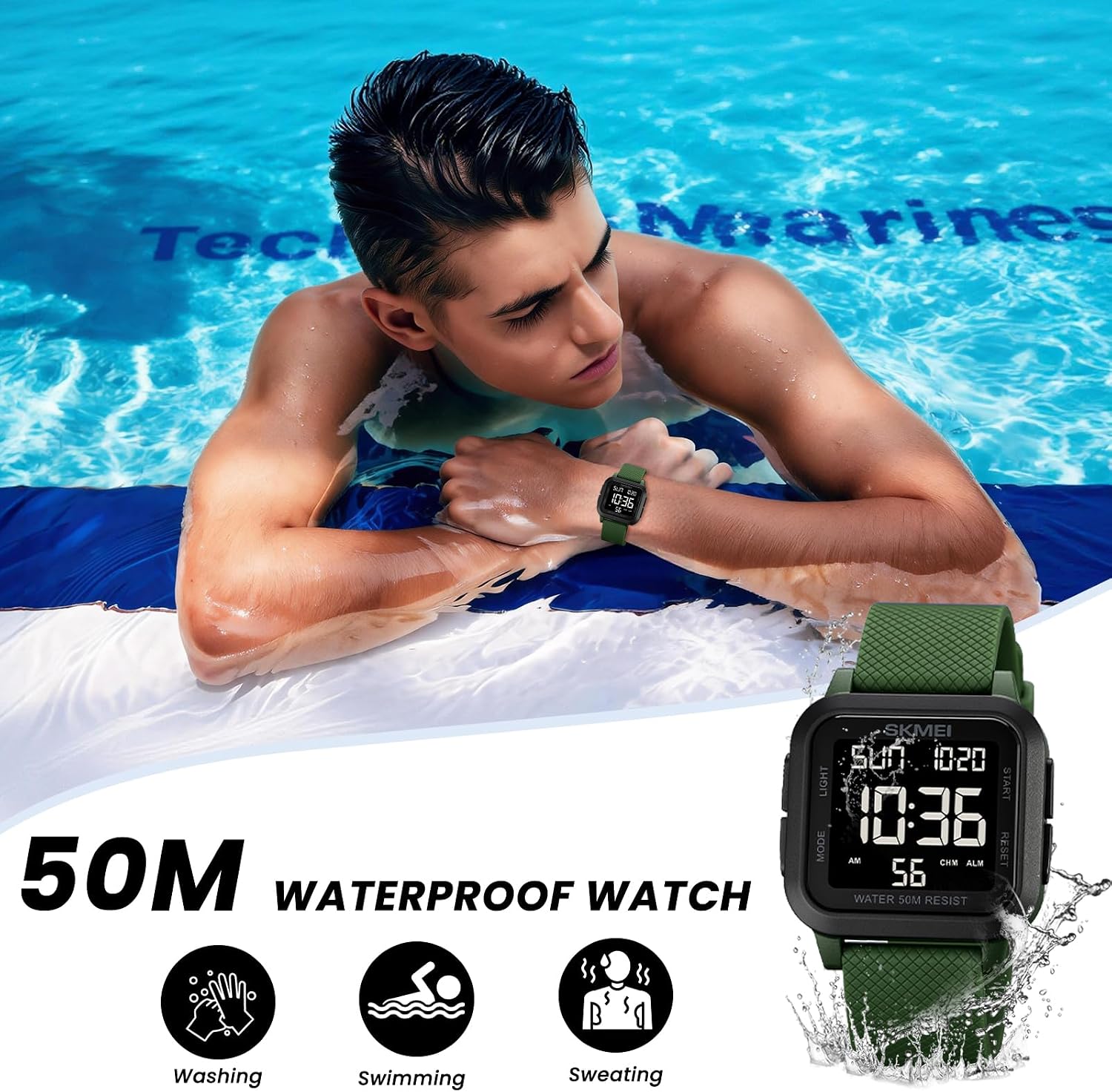 SKMEI Watches for Men,Military Square Ultra-Thin Digital Women Watch with Dual Time 50M Waterproof LED Light Alarm Stopwatch Unisex Sports Watch