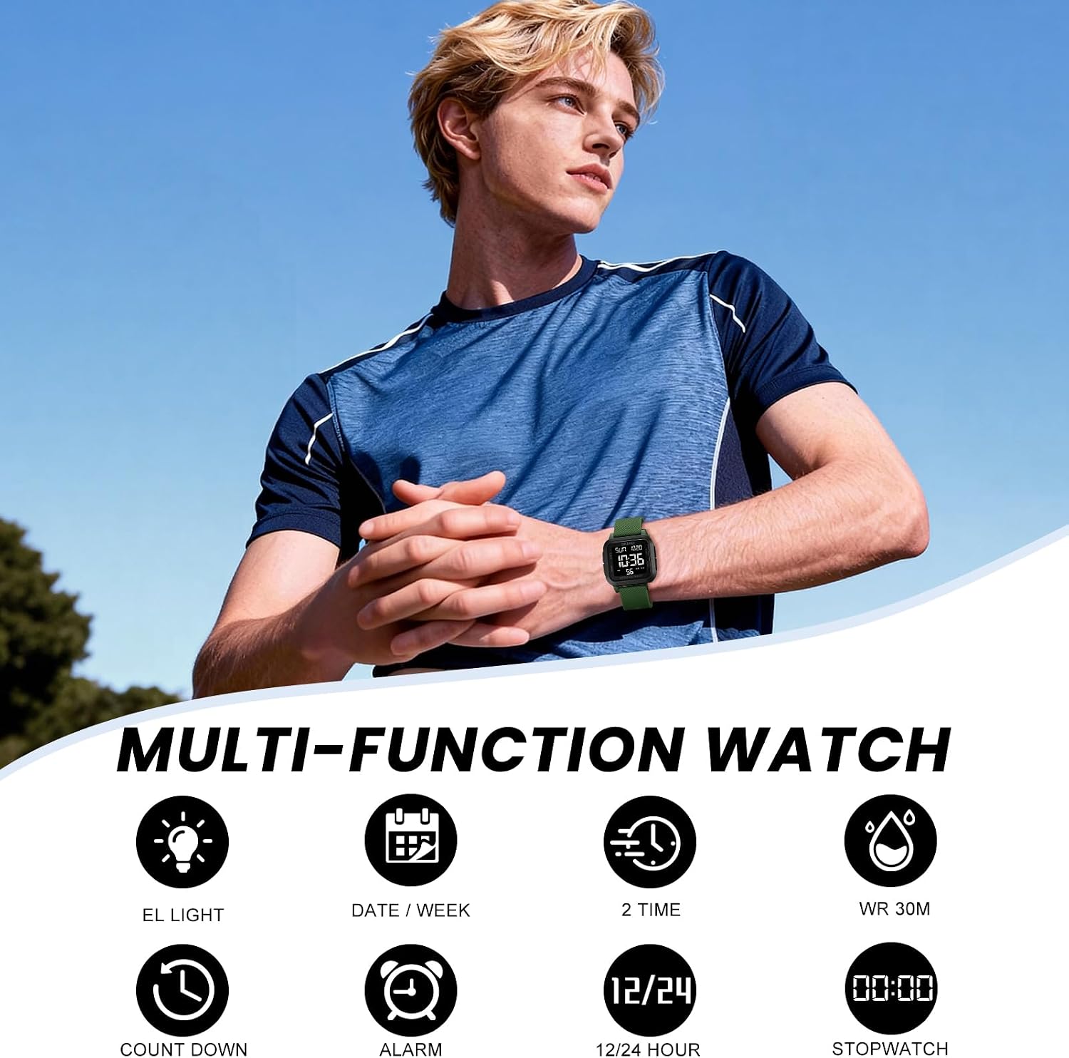 SKMEI Watches for Men,Military Square Ultra-Thin Digital Women Watch with Dual Time 50M Waterproof LED Light Alarm Stopwatch Unisex Sports Watch