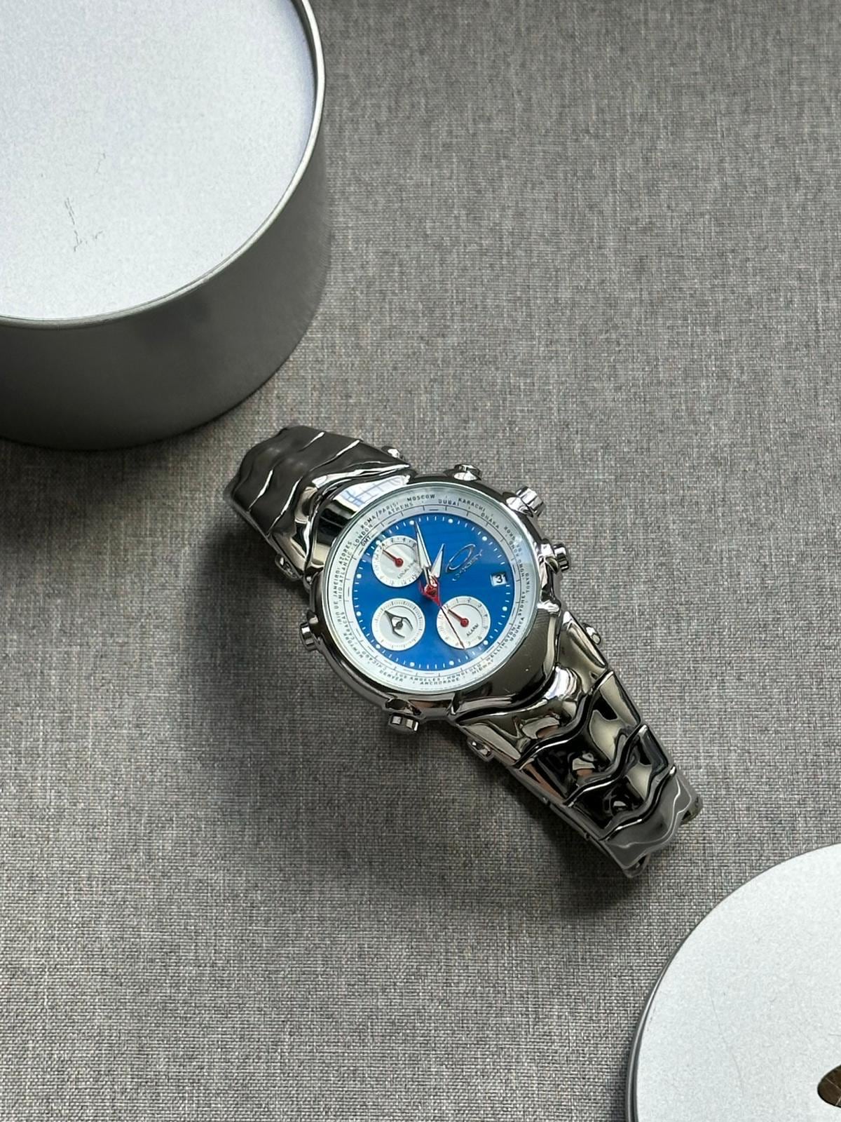 Oakley Judge Chronograph Watch – Blue/ White/ Black Dial, Stainless Steel Polished Bracelet, Swiss Movement